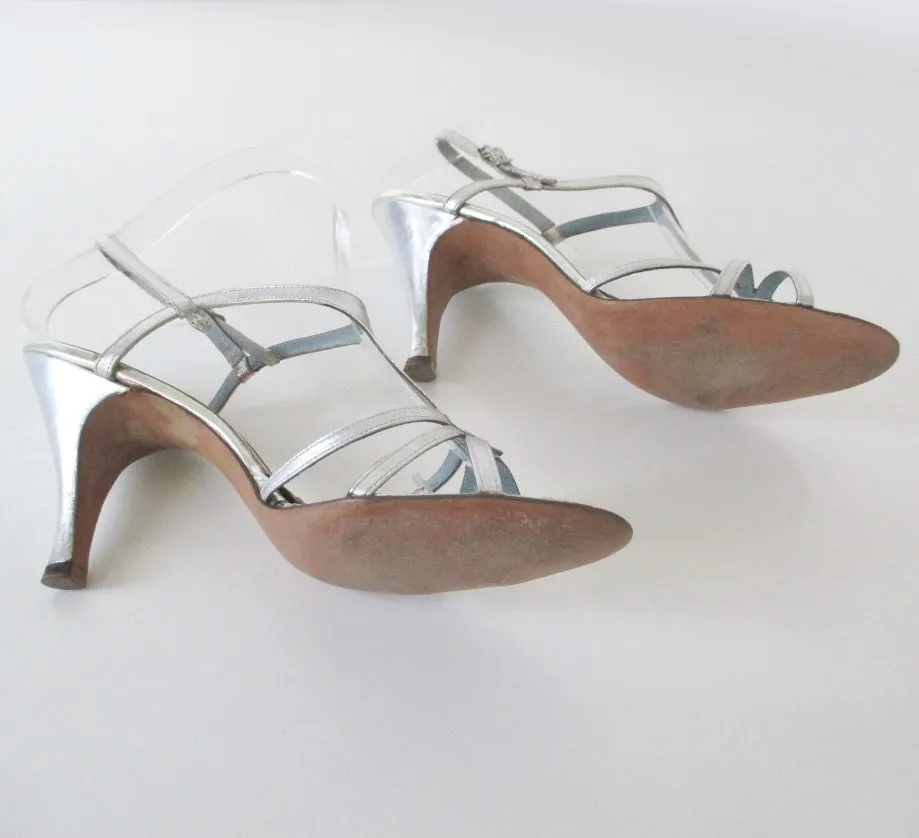 Vintage 50's Silver Schiaparelli Strappy Heels Shoes & Original Box 8.5