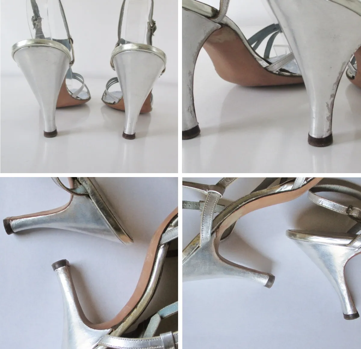 Vintage 50's Silver Schiaparelli Strappy Heels Shoes & Original Box 8.5