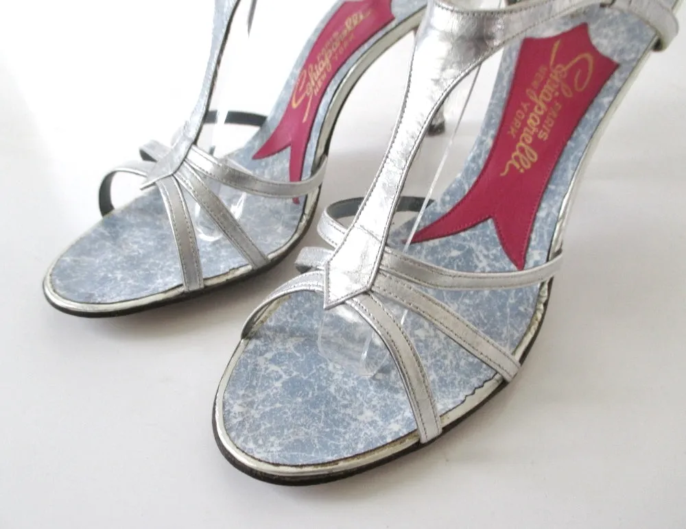 Vintage 50's Silver Schiaparelli Strappy Heels Shoes & Original Box 8.5