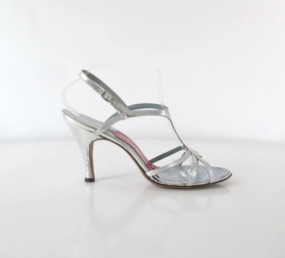 Vintage 50's Silver Schiaparelli Strappy Heels Shoes & Original Box 8.5