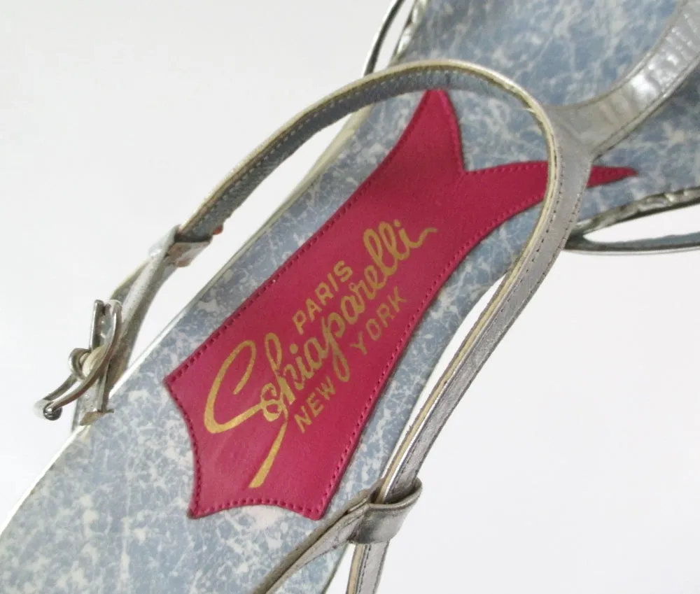 Vintage 50's Silver Schiaparelli Strappy Heels Shoes & Original Box 8.5