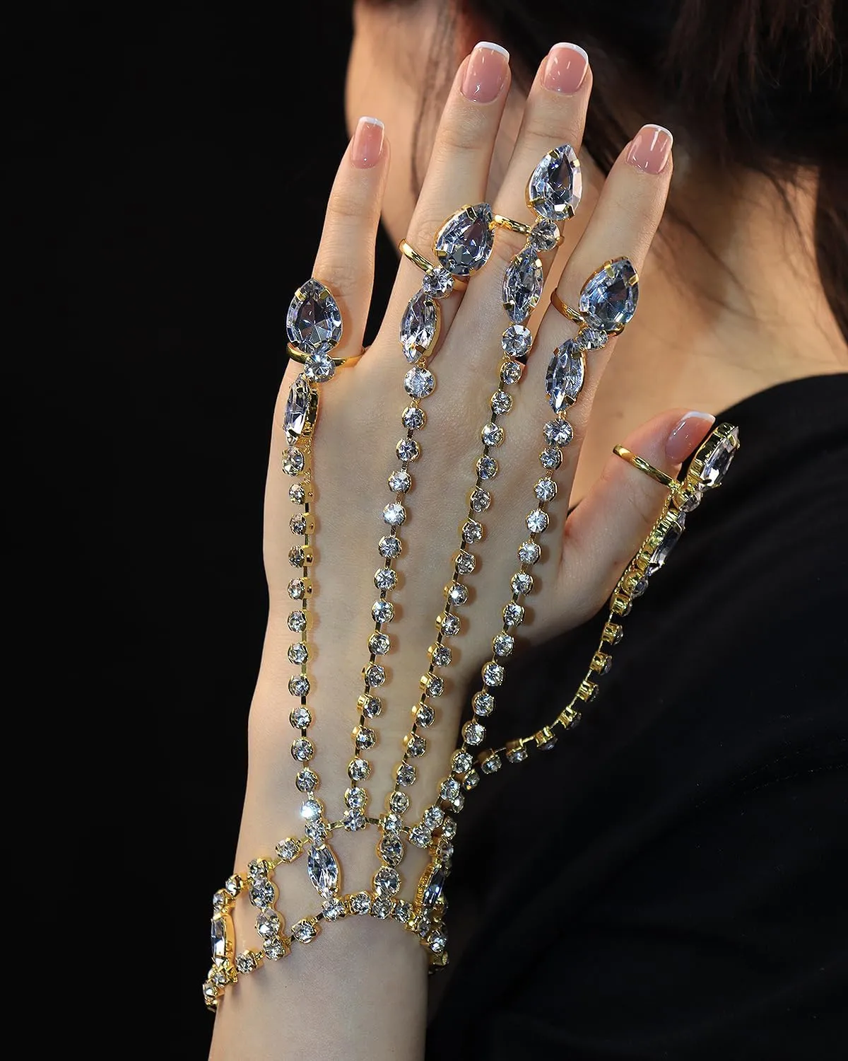 Vintage Hand Chain Bracelet Ring for Women Shiny Tennis Rhinestones Slave Bracelet Layered Adjustable Finger Ring Bangle Bracelets Hand Jewelry Accessories