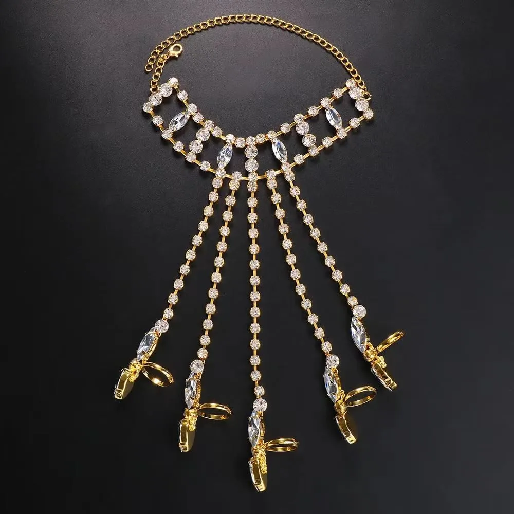 Vintage Hand Chain Bracelet Ring for Women Shiny Tennis Rhinestones Slave Bracelet Layered Adjustable Finger Ring Bangle Bracelets Hand Jewelry Accessories