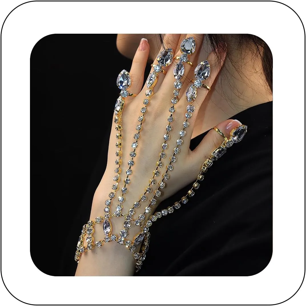 Vintage Hand Chain Bracelet Ring for Women Shiny Tennis Rhinestones Slave Bracelet Layered Adjustable Finger Ring Bangle Bracelets Hand Jewelry Accessories