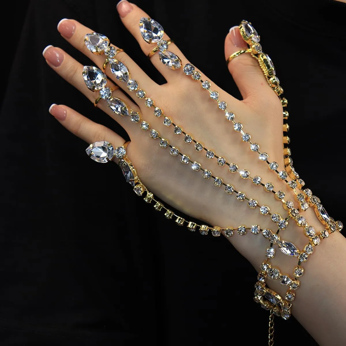 Vintage Hand Chain Bracelet Ring for Women Shiny Tennis Rhinestones Slave Bracelet Layered Adjustable Finger Ring Bangle Bracelets Hand Jewelry Accessories
