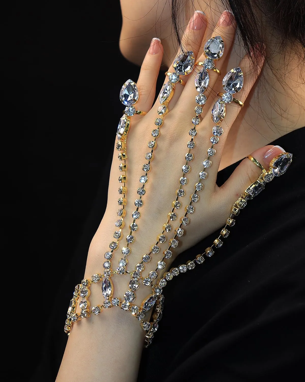 Vintage Hand Chain Bracelet Ring for Women Shiny Tennis Rhinestones Slave Bracelet Layered Adjustable Finger Ring Bangle Bracelets Hand Jewelry Accessories