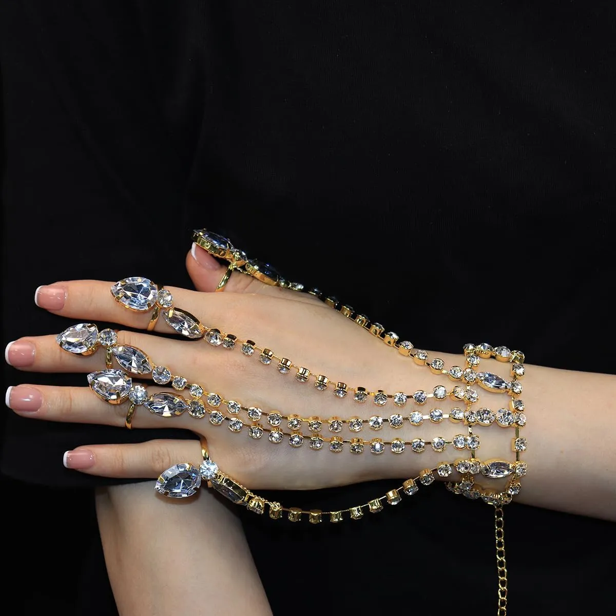 Vintage Hand Chain Bracelet Ring for Women Shiny Tennis Rhinestones Slave Bracelet Layered Adjustable Finger Ring Bangle Bracelets Hand Jewelry Accessories