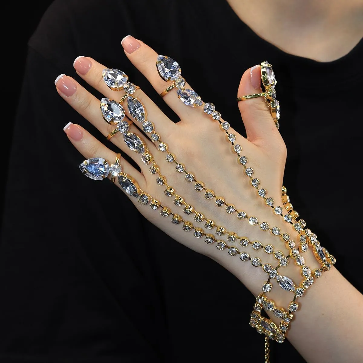 Vintage Hand Chain Bracelet Ring for Women Shiny Tennis Rhinestones Slave Bracelet Layered Adjustable Finger Ring Bangle Bracelets Hand Jewelry Accessories