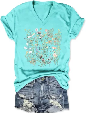 Vintage Wildflowers Graphic Shirt Women's Casual Holiday Short Sleeved T-Shirt Boho Floral Printed Tee Fall Tops