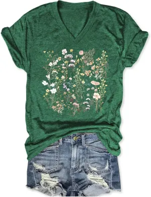 Vintage Wildflowers Graphic Shirt Women's Casual Holiday Short Sleeved T-Shirt Boho Floral Printed Tee Fall Tops