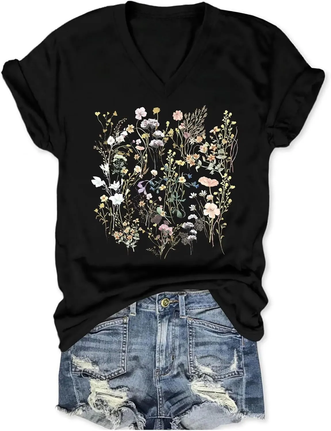 Vintage Wildflowers Graphic Shirt Women's Casual Holiday Short Sleeved T-Shirt Boho Floral Printed Tee Fall Tops