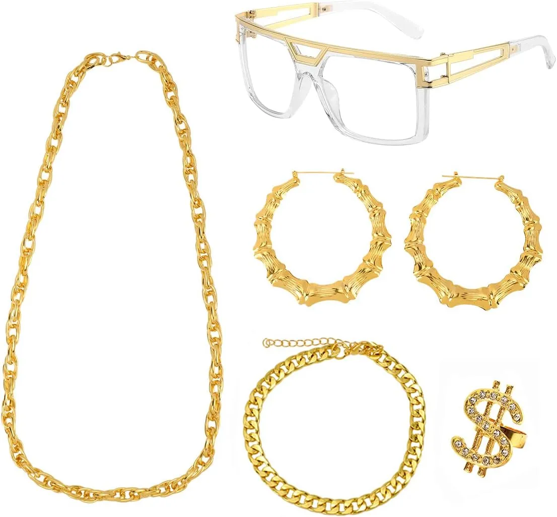 Votange Hip Hop Woman Costume Kit 80s 90s Accessories Outfit Rapper Sunglasses Fake Gold Chain Necklace Bracelet Earrings Ring