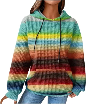 Waffle Hoodie for Women Multicolored Comfy Hoodies Casual Trendy Sweatshirt Loose Fit Pullover Tops with Pocket