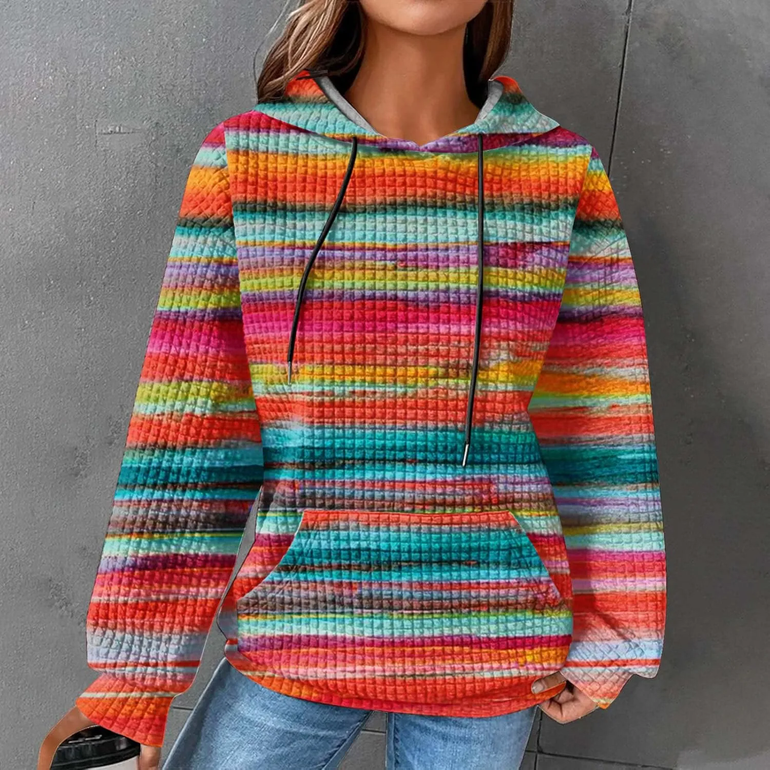 Waffle Hoodie for Women Multicolored Comfy Hoodies Casual Trendy Sweatshirt Loose Fit Pullover Tops with Pocket