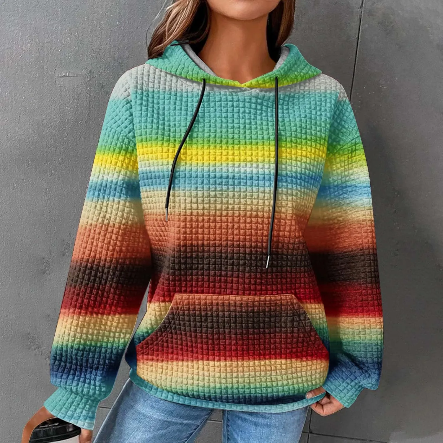 Waffle Hoodie for Women Multicolored Comfy Hoodies Casual Trendy Sweatshirt Loose Fit Pullover Tops with Pocket
