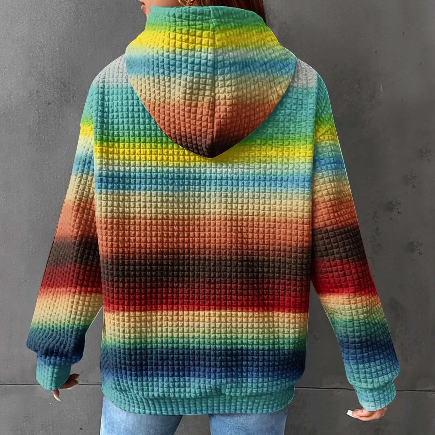 Waffle Hoodie for Women Multicolored Comfy Hoodies Casual Trendy Sweatshirt Loose Fit Pullover Tops with Pocket