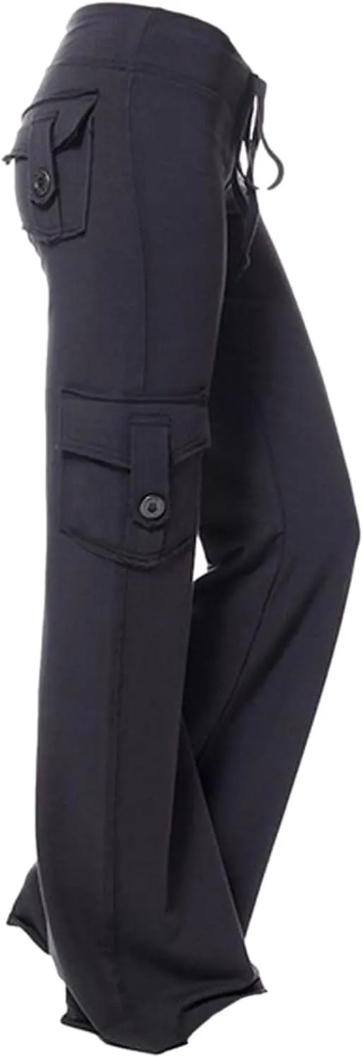 Wide Leg Cargo Pants for Women 2025 Plus Size Elastic Waisted Pants Floor Length Yoga Trousers with Button Pockets