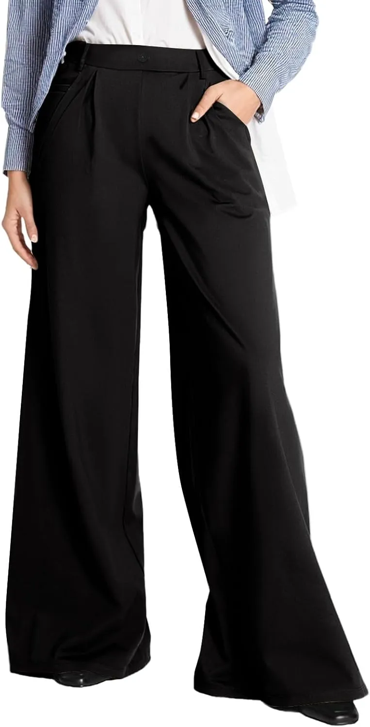 Wide Leg Dress Pants Women Dressy Elastic High Waist Lounge Pant Baggy Y2k Trendy Flared Yoga Pants with Pockets