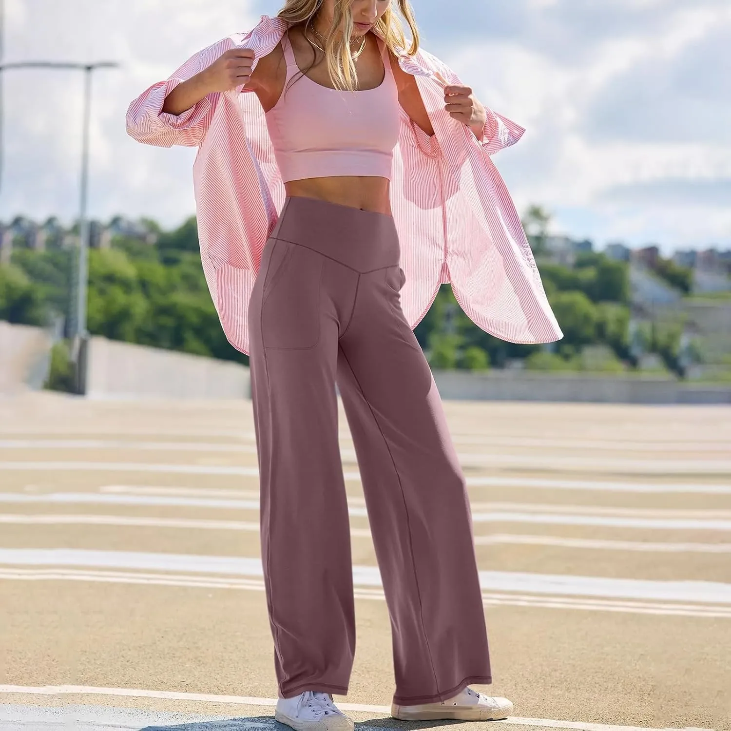 Wide Leg Pants Women 2025 Summer High Waist Yoga Pants with Pockets Casual Loose Stretch Dress Work Trousers