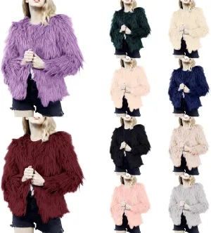 Winter Fuzzy Coats for Women Open Front Faux Fur Fluffy Soft Cardigan Long Sleeve Outwear Vintage Parka Shaggy Jacket