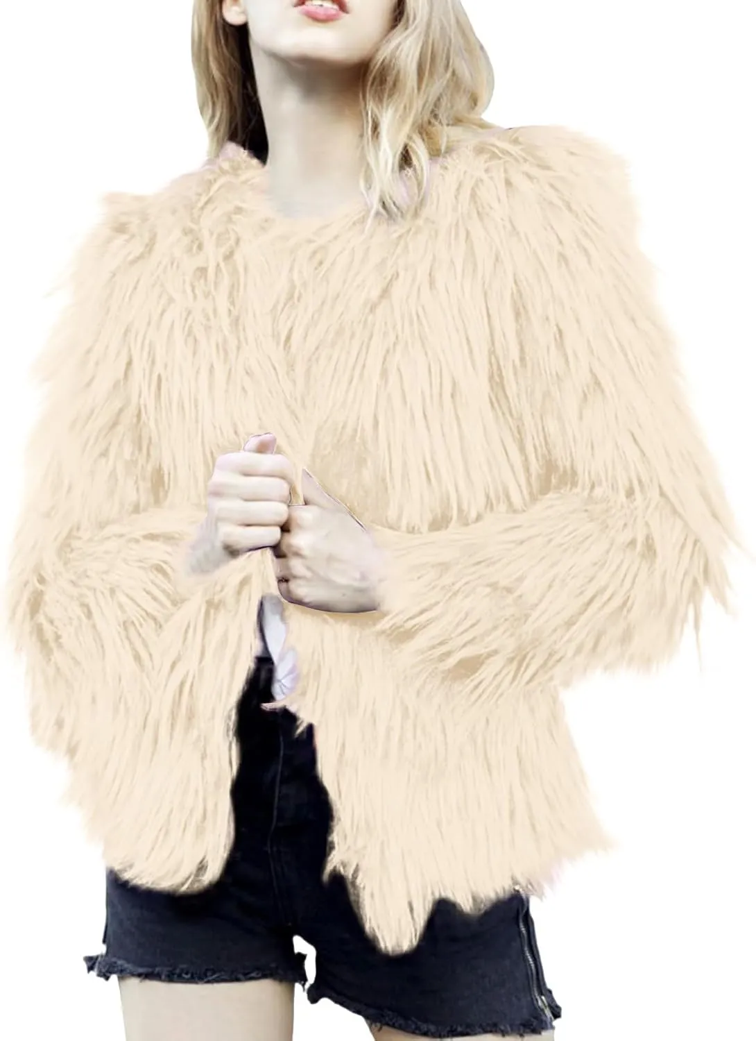 Winter Fuzzy Coats for Women Open Front Faux Fur Fluffy Soft Cardigan Long Sleeve Outwear Vintage Parka Shaggy Jacket