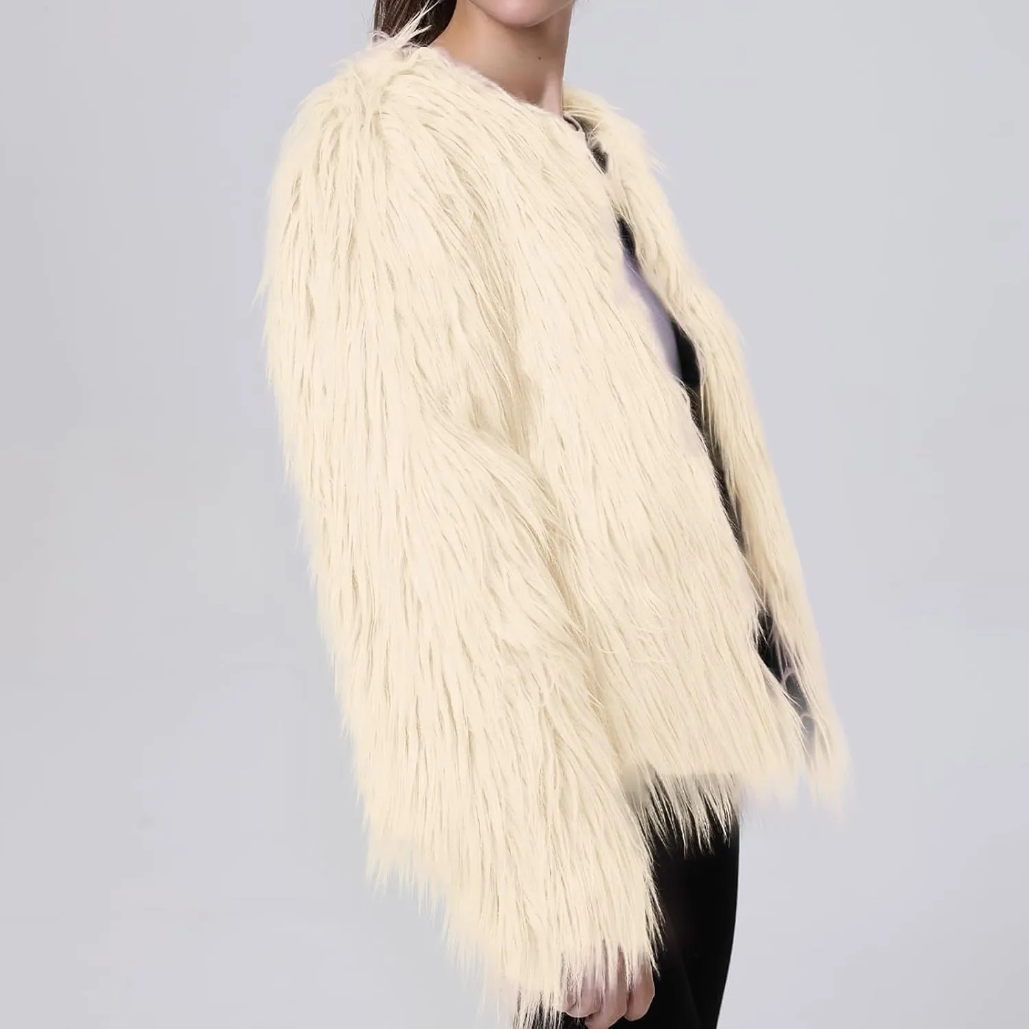 Winter Fuzzy Coats for Women Open Front Faux Fur Fluffy Soft Cardigan Long Sleeve Outwear Vintage Parka Shaggy Jacket