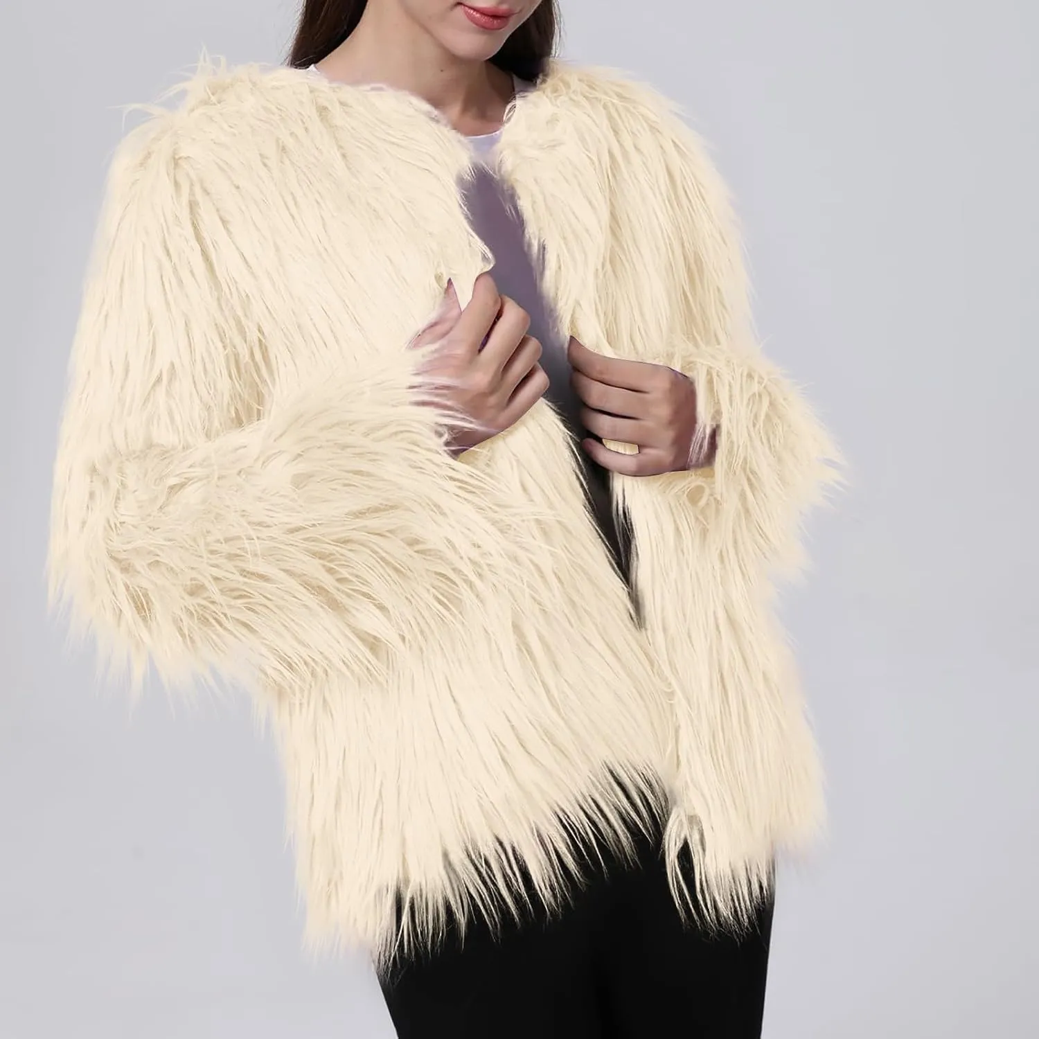 Winter Fuzzy Coats for Women Open Front Faux Fur Fluffy Soft Cardigan Long Sleeve Outwear Vintage Parka Shaggy Jacket