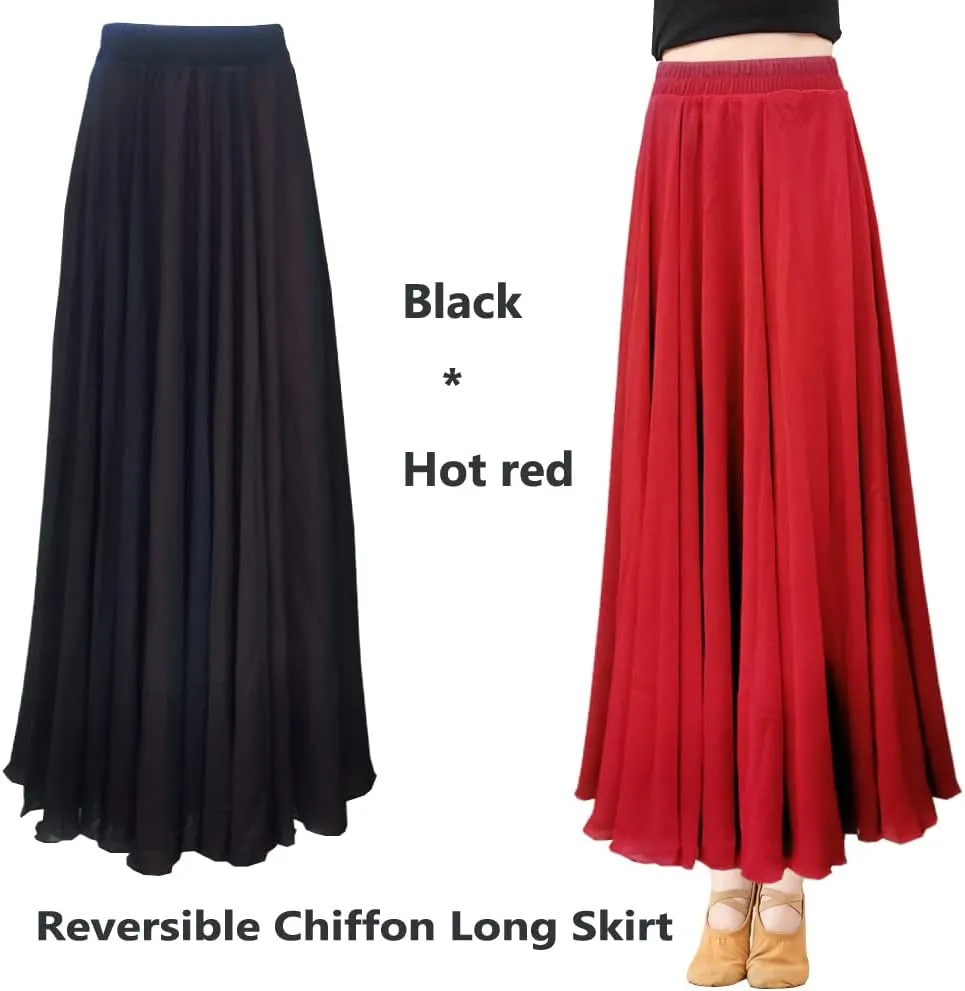 Women Black Red Two Layered Reversible Chiffon Long Maxi Skirt for Belly Spain Gypsy Dance Performance Photography