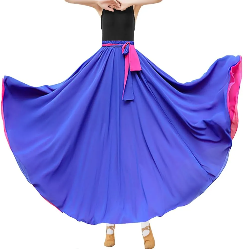 Women Black Red Two Layered Reversible Chiffon Long Maxi Skirt for Belly Spain Gypsy Dance Performance Photography