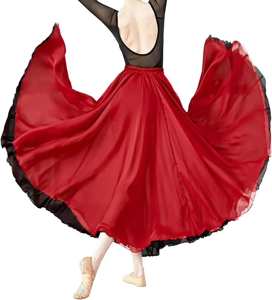 Women Black Red Two Layered Reversible Chiffon Long Maxi Skirt for Belly Spain Gypsy Dance Performance Photography