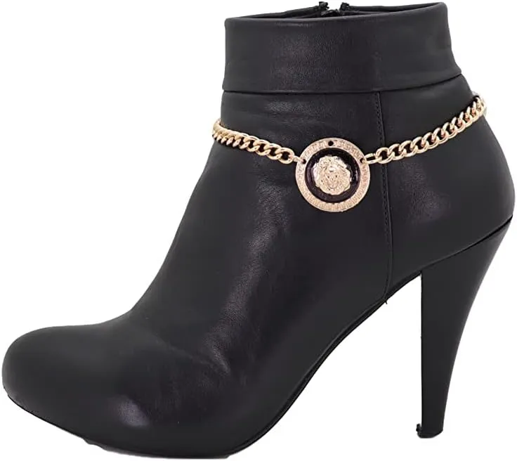 Women Boot Bracelet Western Gold Metal Chains Shoe Lion Coin Medallion Charm Anklet Strap Band