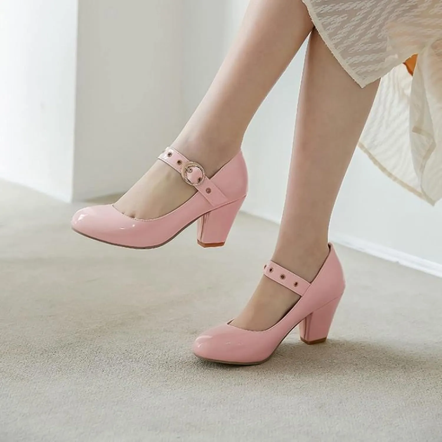 Women Chunky High Heel Mary Jane Pumps Faux Leather Buckle Strap Oxford Round Toe Party Dress Shoes