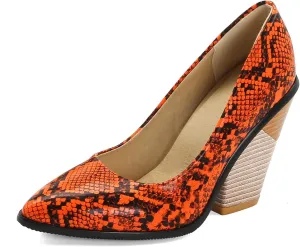 Women Chunky Stacked High Heel Pumps Pointed Toe Animal Print Snakeskin Comfort Slip On Dress Shoes