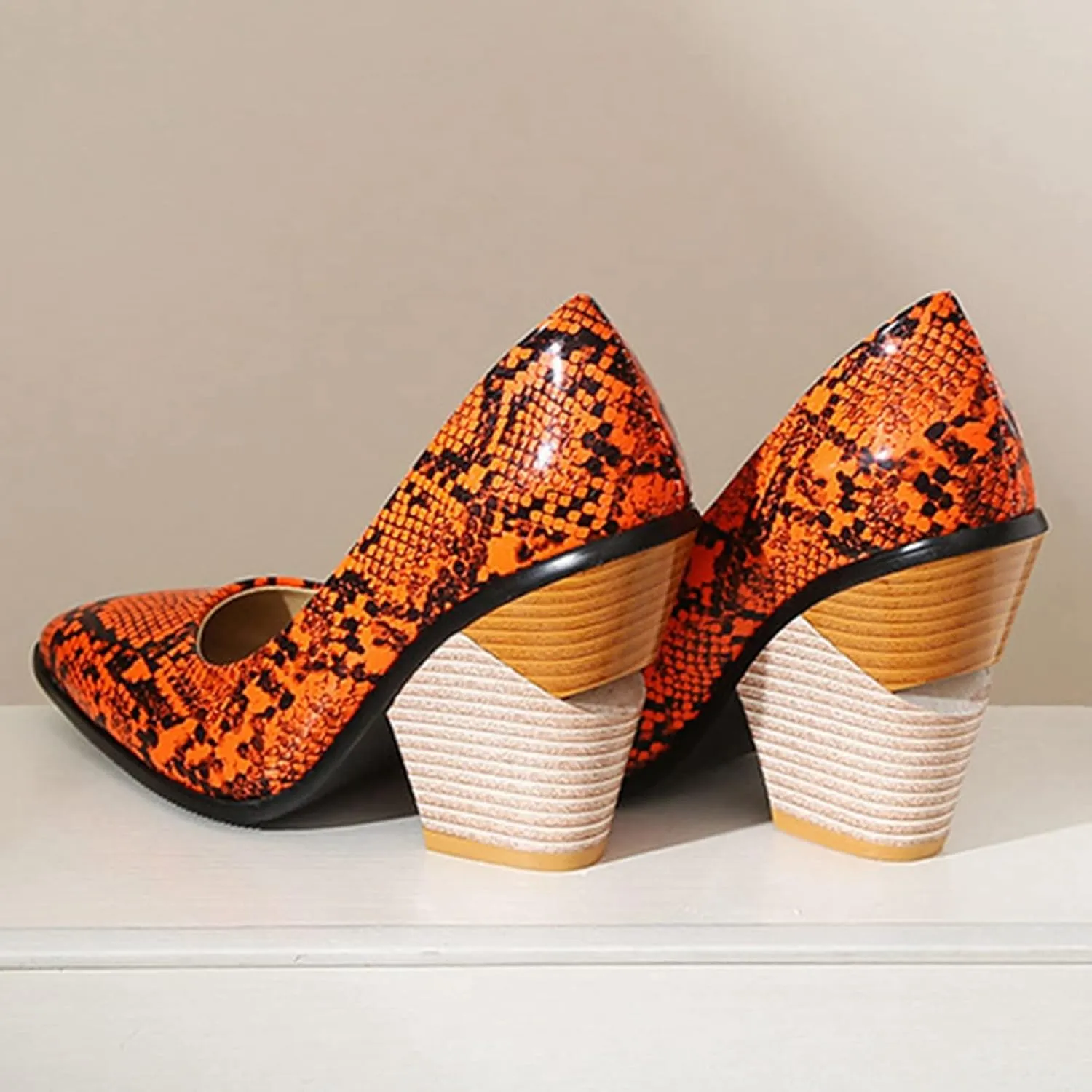 Women Chunky Stacked High Heel Pumps Pointed Toe Animal Print Snakeskin Comfort Slip On Dress Shoes