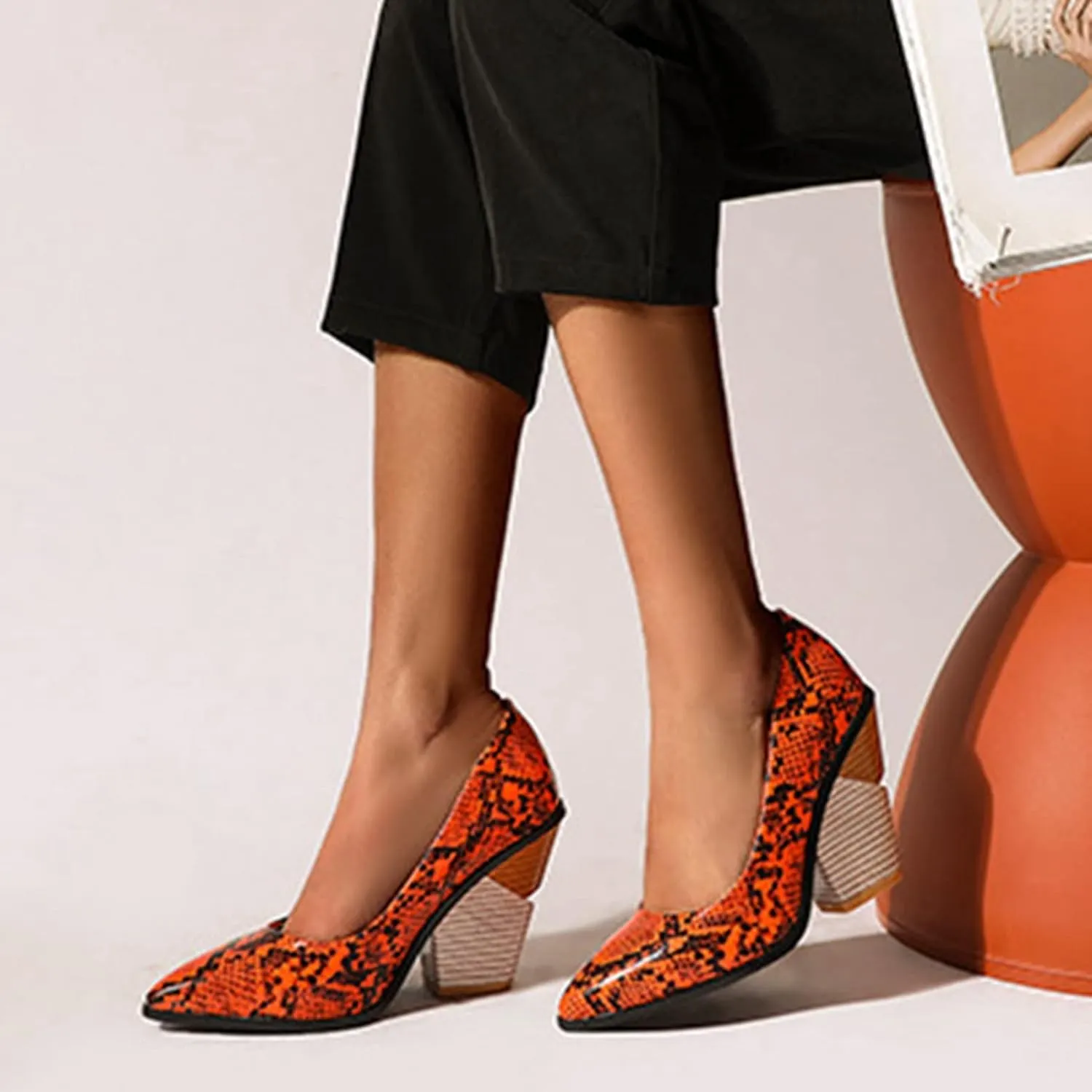 Women Chunky Stacked High Heel Pumps Pointed Toe Animal Print Snakeskin Comfort Slip On Dress Shoes
