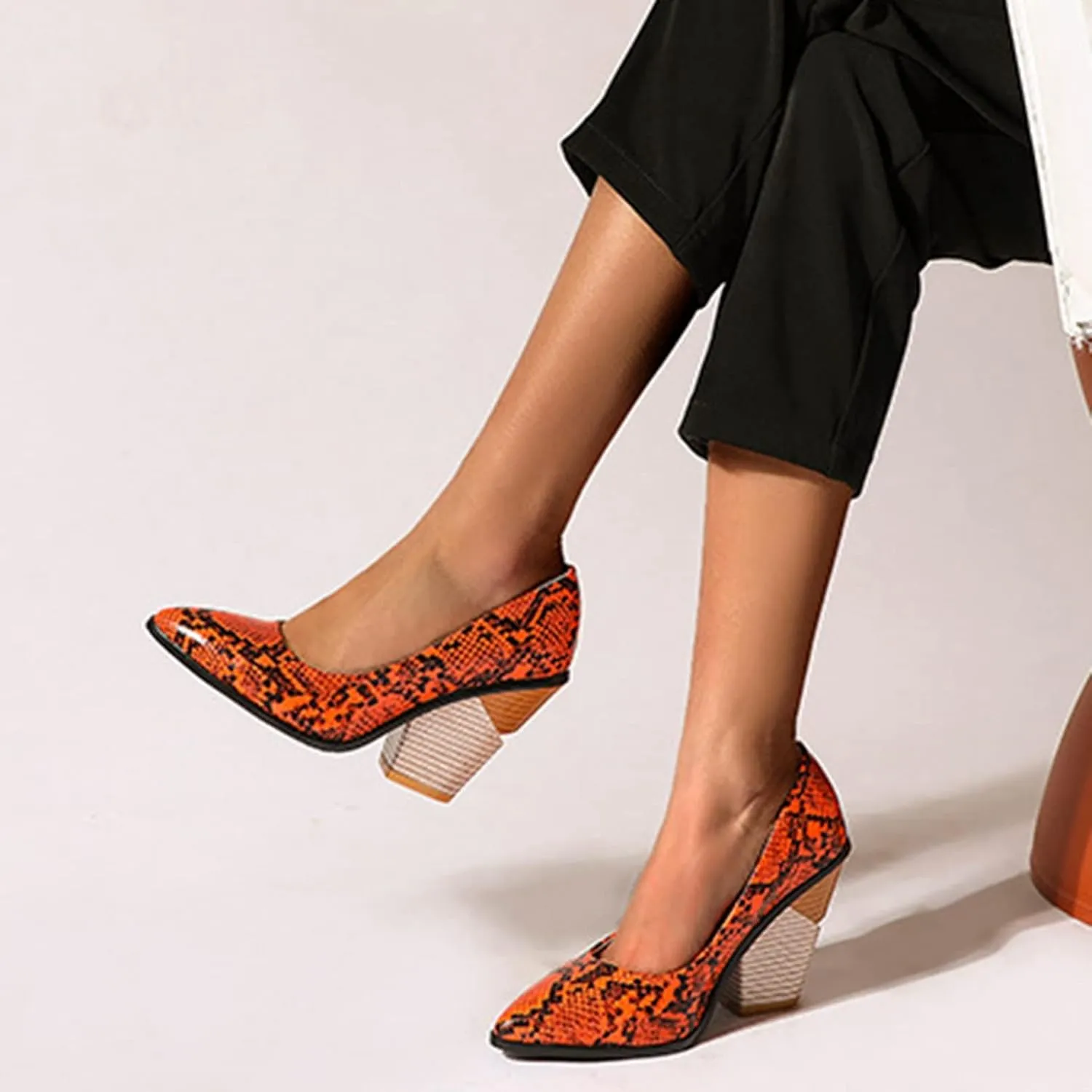 Women Chunky Stacked High Heel Pumps Pointed Toe Animal Print Snakeskin Comfort Slip On Dress Shoes