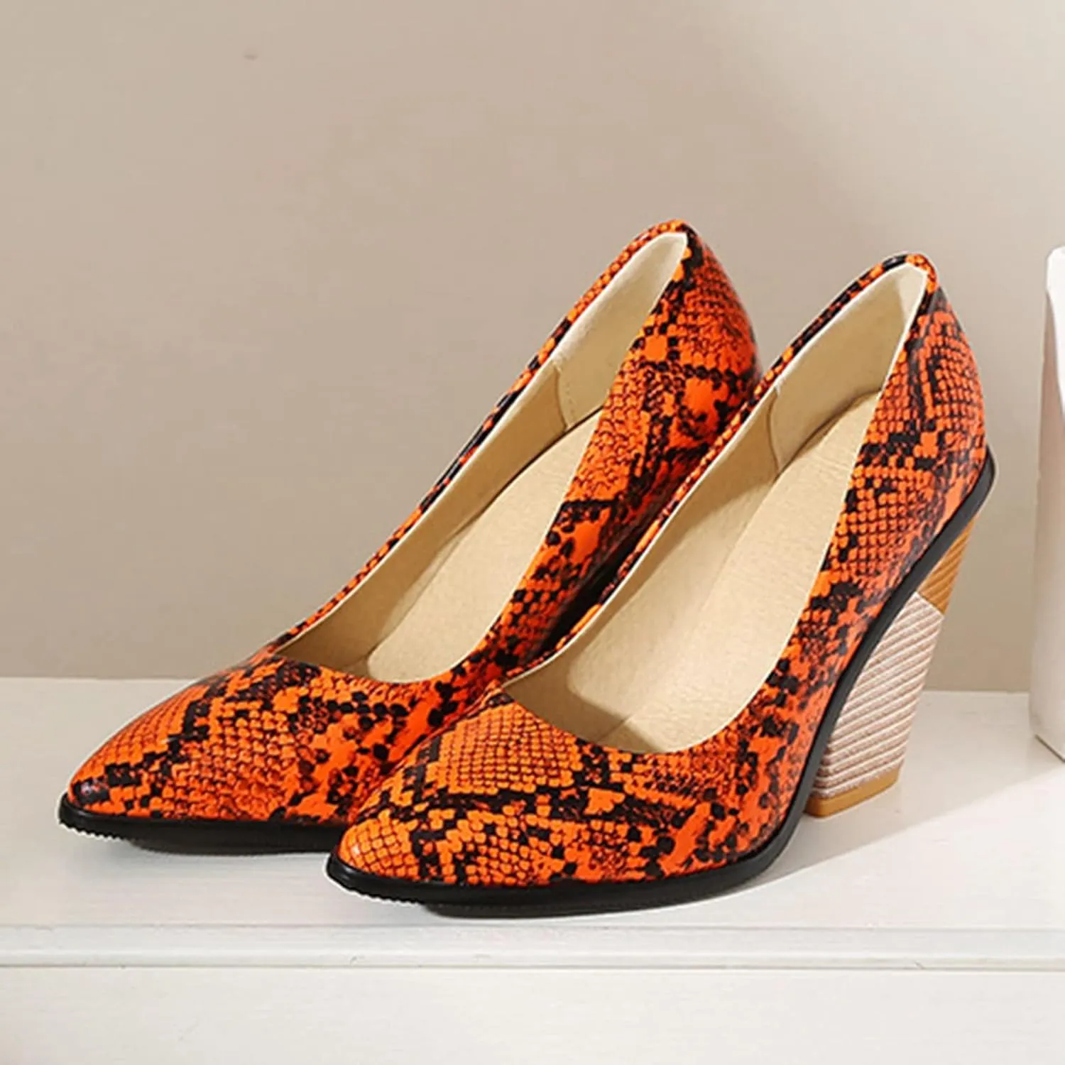 Women Chunky Stacked High Heel Pumps Pointed Toe Animal Print Snakeskin Comfort Slip On Dress Shoes