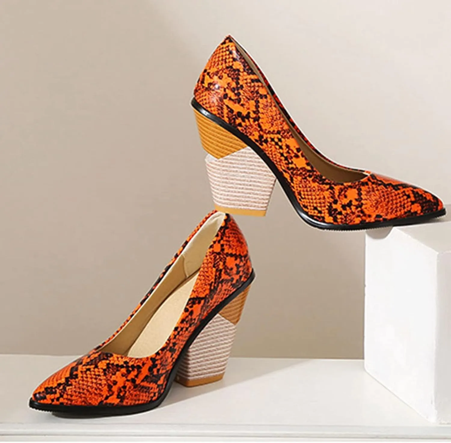 Women Chunky Stacked High Heel Pumps Pointed Toe Animal Print Snakeskin Comfort Slip On Dress Shoes