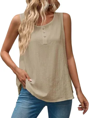 Women Cotton Linen Sleeveless Tank Tops Round Neck Gauze Shirt Casual Solid Color Loose Fit Comfy T-Shirt Blouse Vest