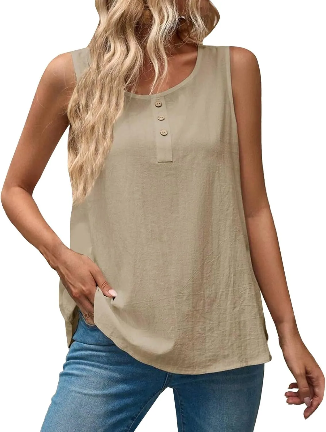 Women Cotton Linen Sleeveless Tank Tops Round Neck Gauze Shirt Casual Solid Color Loose Fit Comfy T-Shirt Blouse Vest