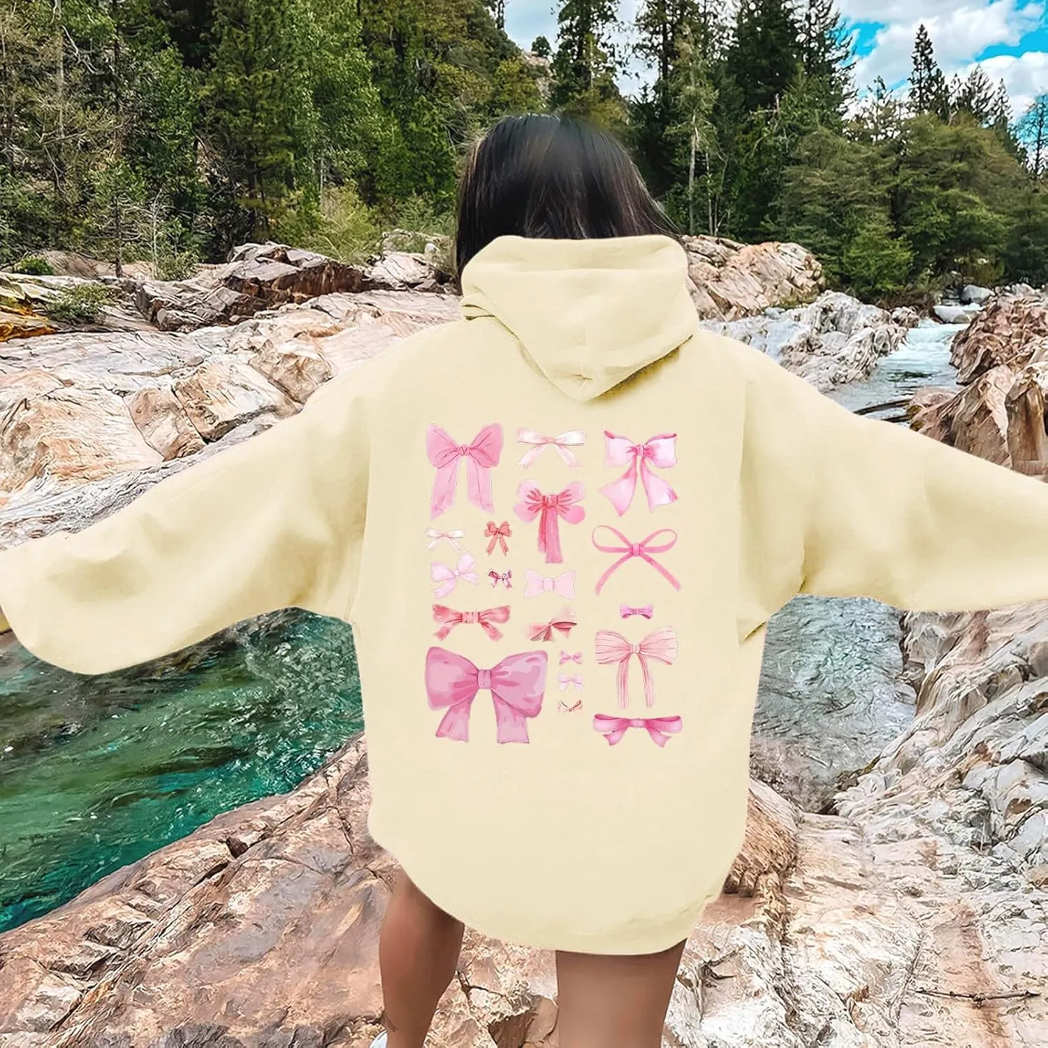 Women Cute Bow Print Hoodie Comfy Preppy Hooded Sweatshirt for Teen Girls Long Sleeve Drawstring Pullover Tops Pocket