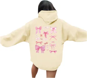 Women Cute Bow Print Hoodie Comfy Preppy Hooded Sweatshirt for Teen Girls Long Sleeve Drawstring Pullover Tops Pocket