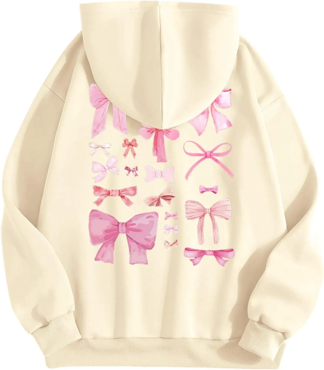 Women Cute Bow Print Hoodie Comfy Preppy Hooded Sweatshirt for Teen Girls Long Sleeve Drawstring Pullover Tops Pocket