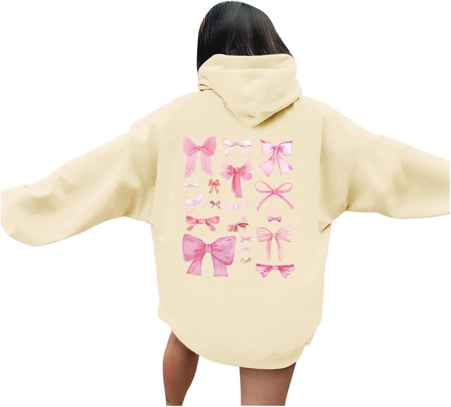 Women Cute Bow Print Hoodie Comfy Preppy Hooded Sweatshirt for Teen Girls Long Sleeve Drawstring Pullover Tops Pocket