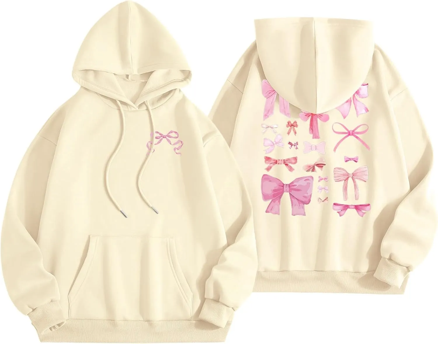 Women Cute Bow Print Hoodie Comfy Preppy Hooded Sweatshirt for Teen Girls Long Sleeve Drawstring Pullover Tops Pocket