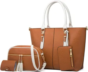 Women Handbag PU Leather Fashionable Satchel Handbag Ladies Shoulder Bag Purse 3 Pcs Set