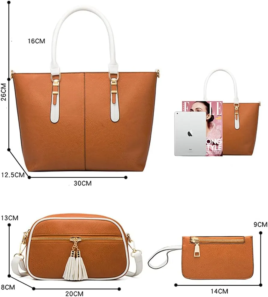 Women Handbag PU Leather Fashionable Satchel Handbag Ladies Shoulder Bag Purse 3 Pcs Set
