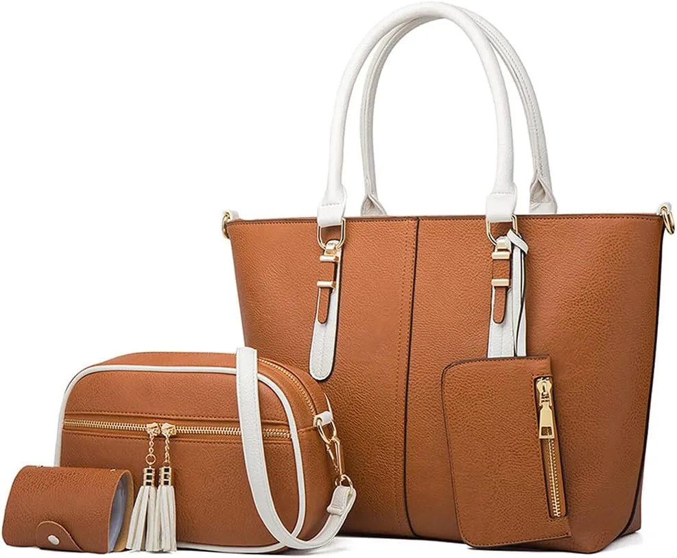 Women Handbag PU Leather Fashionable Satchel Handbag Ladies Shoulder Bag Purse 3 Pcs Set