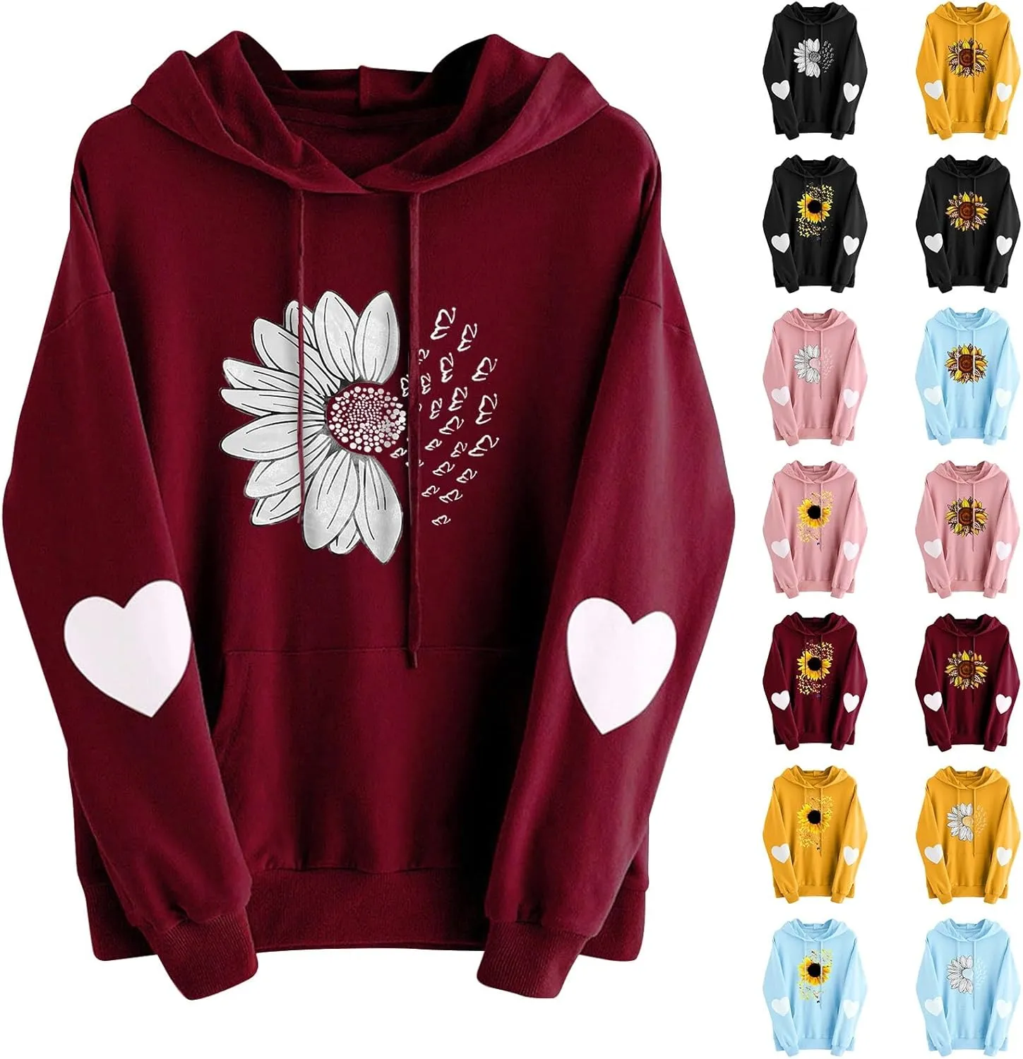 Women Hoodies Daisy Graphic Long Sleeve Pullover Drawstring Tops 2024 Fall Loose Floral Print Sweatshirt with Pockets