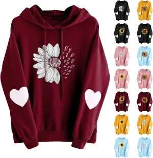 Women Hoodies Daisy Graphic Long Sleeve Pullover Drawstring Tops 2024 Fall Loose Floral Print Sweatshirt with Pockets